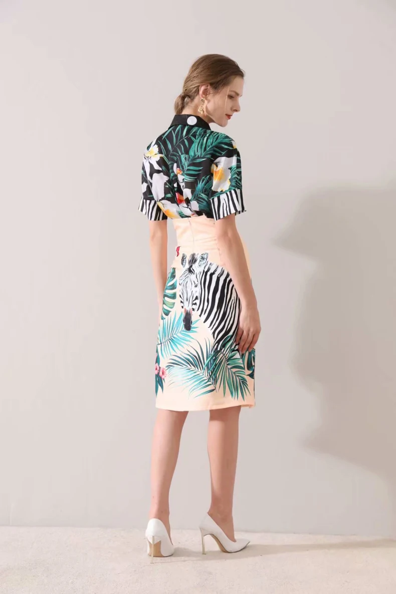 Women's Runway Designer Twinsets Turn Down Collar Short Sleeves Shirt with Empire Waist Skirt Two Piece Dress Set Suit |