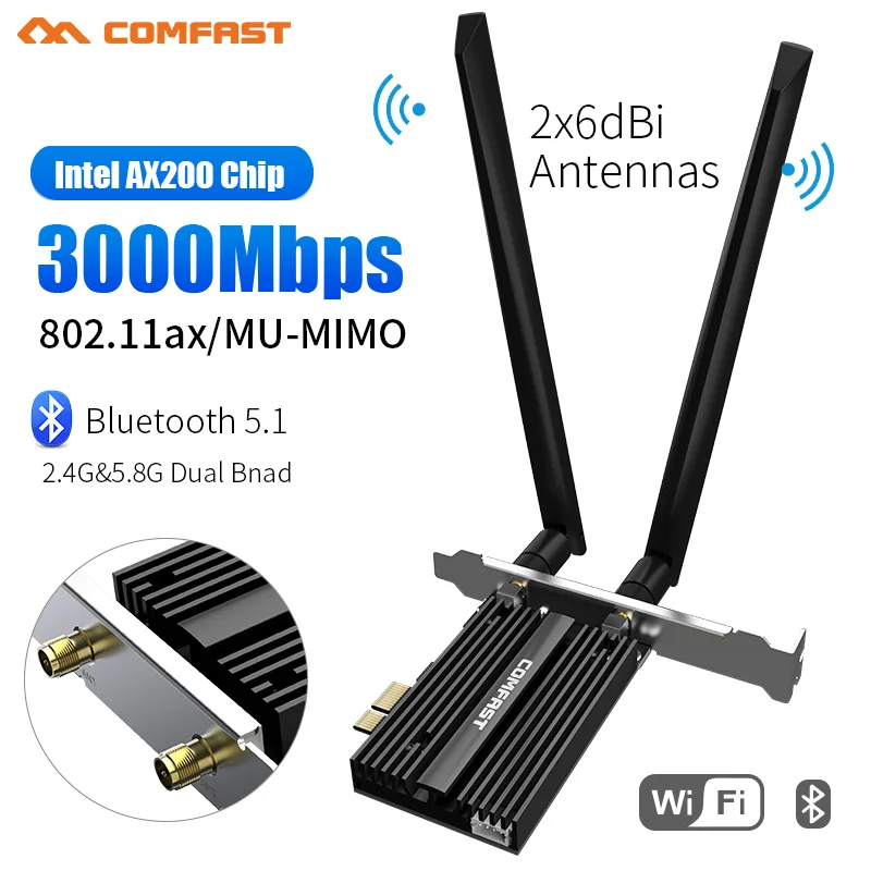 

3000Mbps Dual Band Wireless Desktop PCIe For Intel AX200 Pro Card 802.11ax 2.4G/5Ghz Bluetooth 5.1 PCI Express WiFi 6 Adapter