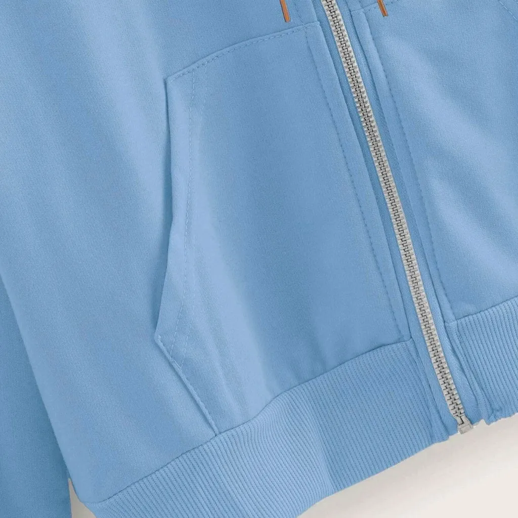 Fashion Women Casual Solid Blouse Long Sleeves Zip Up Pocket Shirt V-neck Hooded Sweatshirt Tops