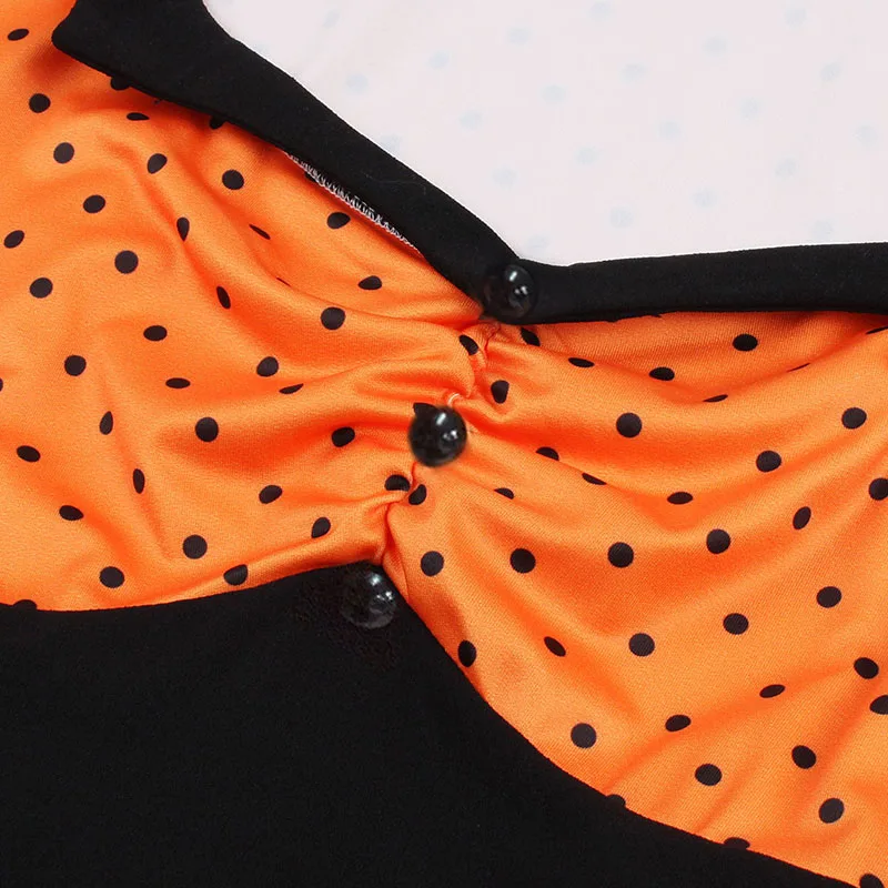 Женское винтажное платье в горошек черное/оранжевое трапециевидной формы стиле
