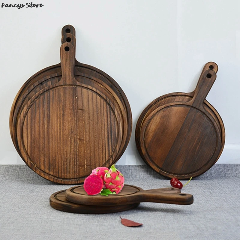 

Multi-size Wooden Round Tray Barbecue Western Steak Plate Solid Wood Pizza Plate-Burning Color Dessert Dinner Plate Tableware
