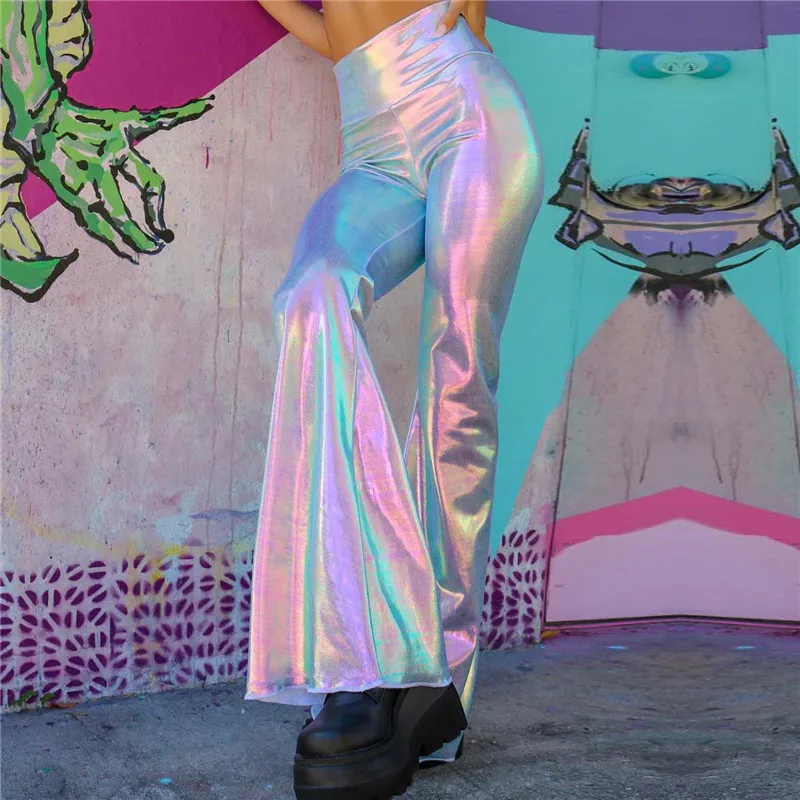 Блестящие металлические цвета Облегающие расклешенные брюки сексуальные