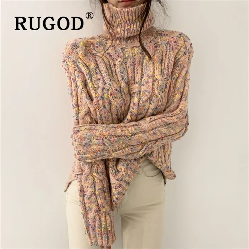 

RUGOD Chic Rainbow Knitted Pullover Women Winter Warm Turtleneck Sweater Korean Elegant Long Sleeve Twist Knitwear Sweater Pull