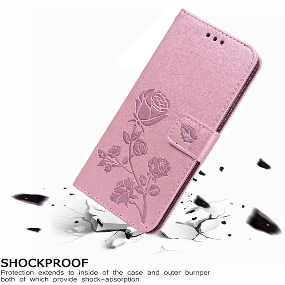luxury leather flip book case for huawei y9 2018 y9 prime 2019 rose flower wallet stand card holder case phone cover bag coque free global shipping