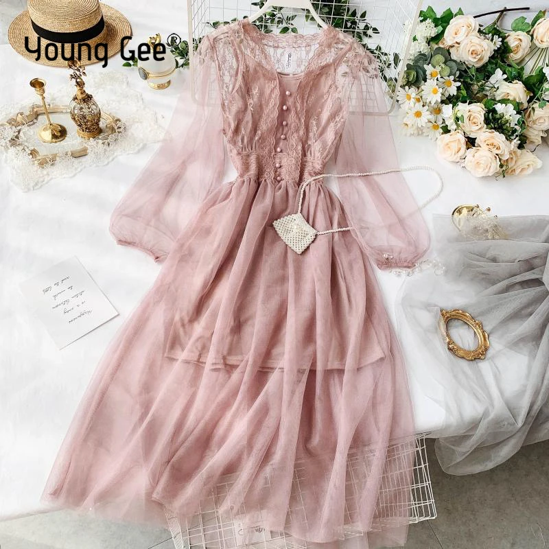 

Young Gee Sweet V-neck Women Lace Flower Dress Mesh Bishop Sleeve Female Gown Elastic Waist Dresses With Lining 4 Color Vestidos
