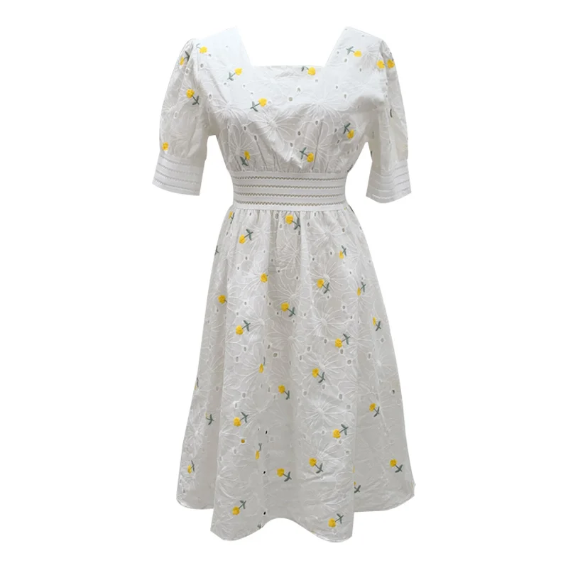 

2021 New Waist Slimming Square Collar off-Shoulder Short Sleeve Dress Women's Summer Hollow Embroidered Sweet Dress Fairy