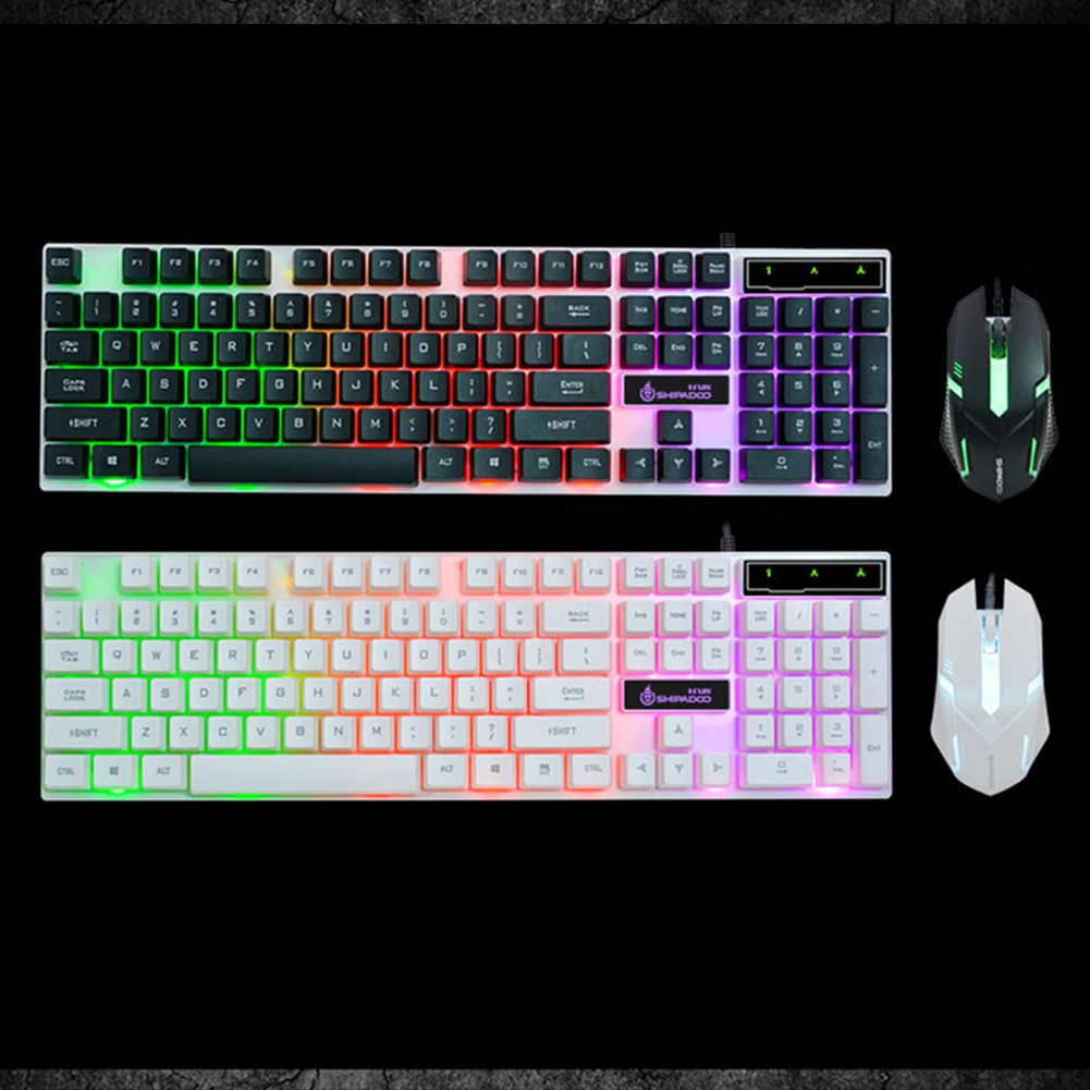 USB Gaming Rainbow Color Office Wired Backlight Adjustable Ergonomic Led Luminous Home Keyboard Mouse Set ABS Desktop