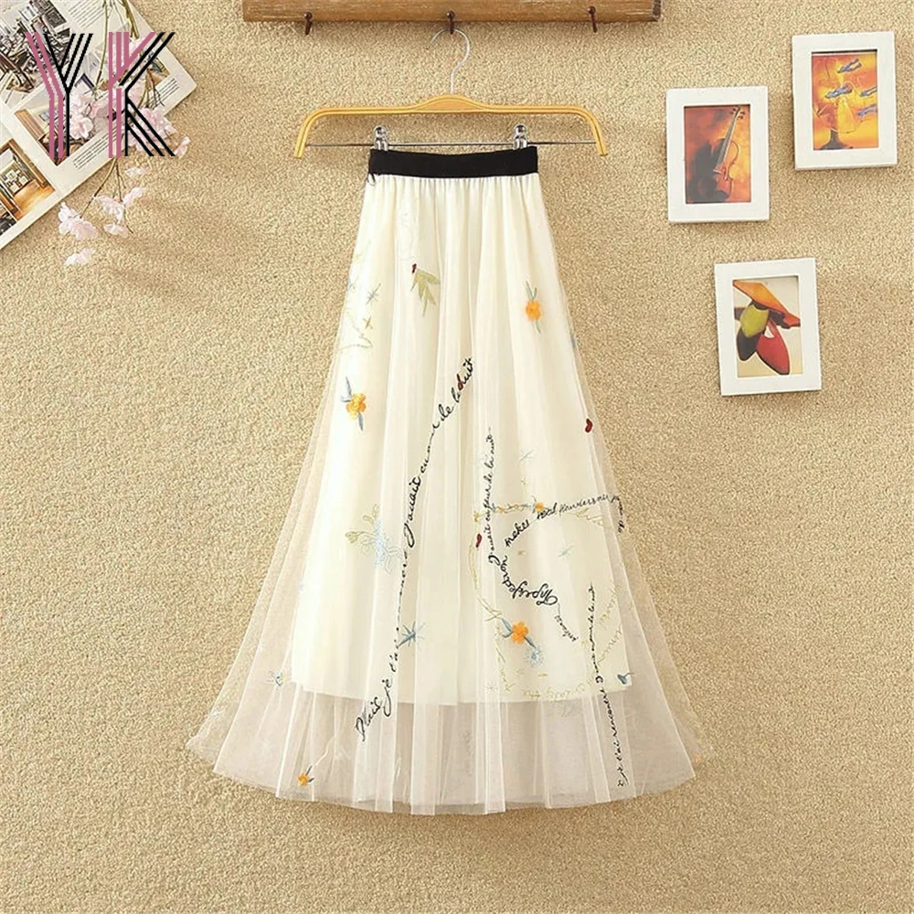 

Floral Embroidered Summer Elastic High Waist Mom Skirts Elegant Aesthetic Fairycore Midi Skirts Streetwear Fashion Loose Saia