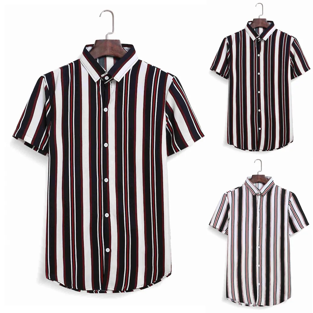 

2021 Men's Shirts Summer Printed Splicing Colorful Stripe Short Sleeve Loose Shirt Plus Size Casual Shirts For Mens Ropa Hombre