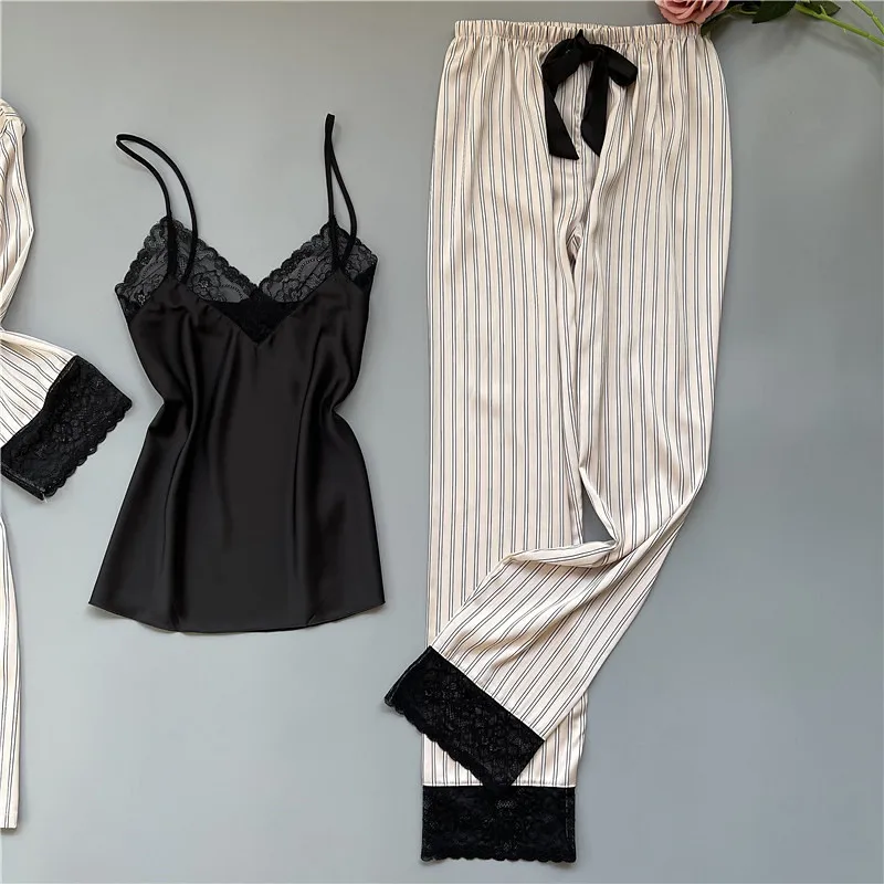 

Sexy Ladies Satin Striped Nightwear Robe Pijama Long Sleeve Sleepwear Spring Autumn Women Pajama 3pcs Sets Pyjama