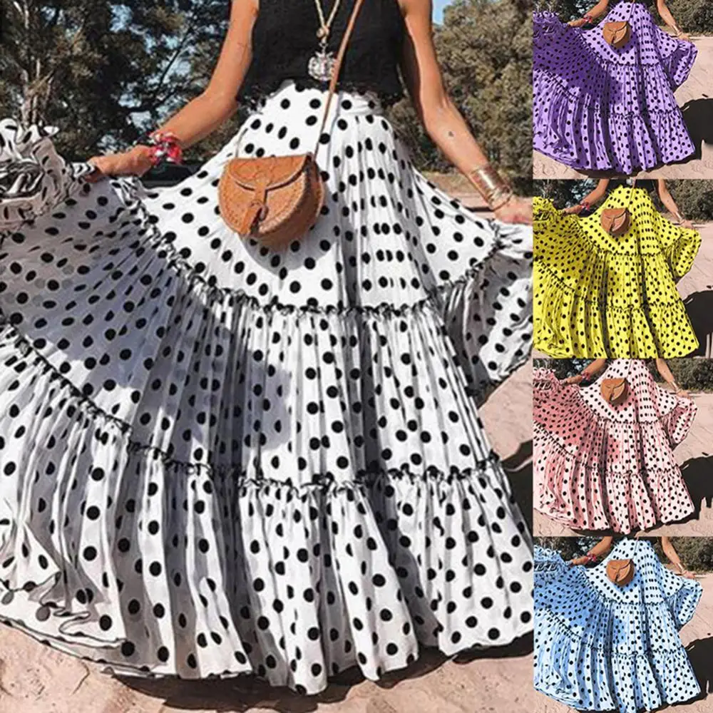 

80% Hot Sale New Arrival Summer Women Plus Size Polka Dot High Waist Ruffled A Line Swing Maxi Skirt Wholesale
