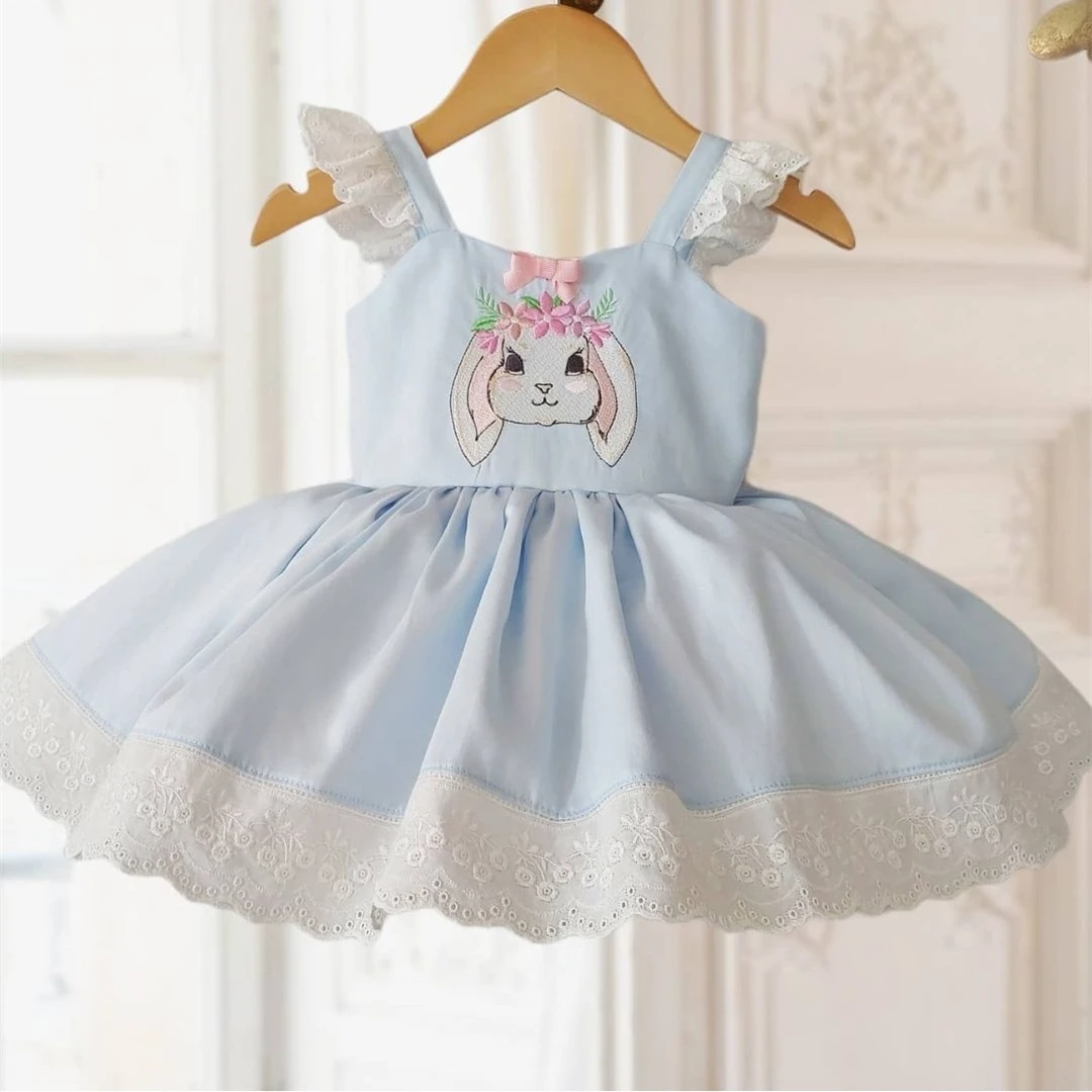 

Baby Girl Summer Blue Sleeveless Rabbit Embroidery Princess Dress for Birthday Easter