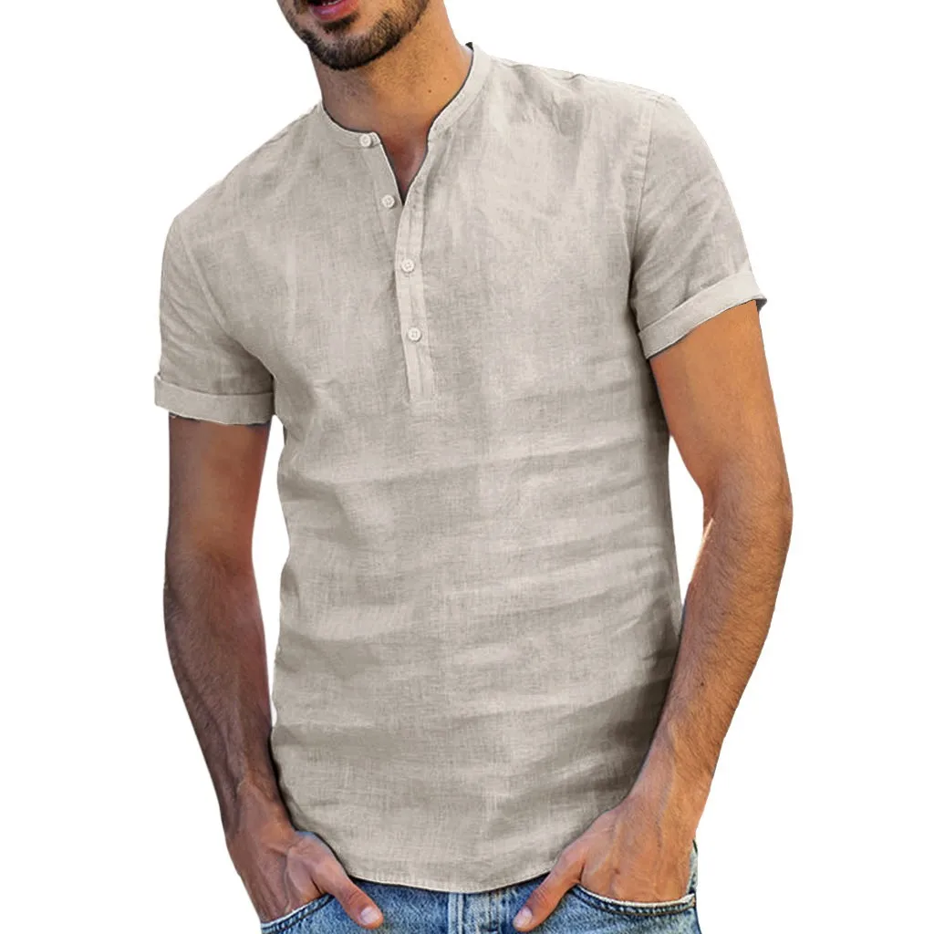 

Men's Cotton Linen 4 Botton Collar Soild Color Henley Shirt Short-Sleeve Hippie For Casual Daily Beach T-Shirts Clothing