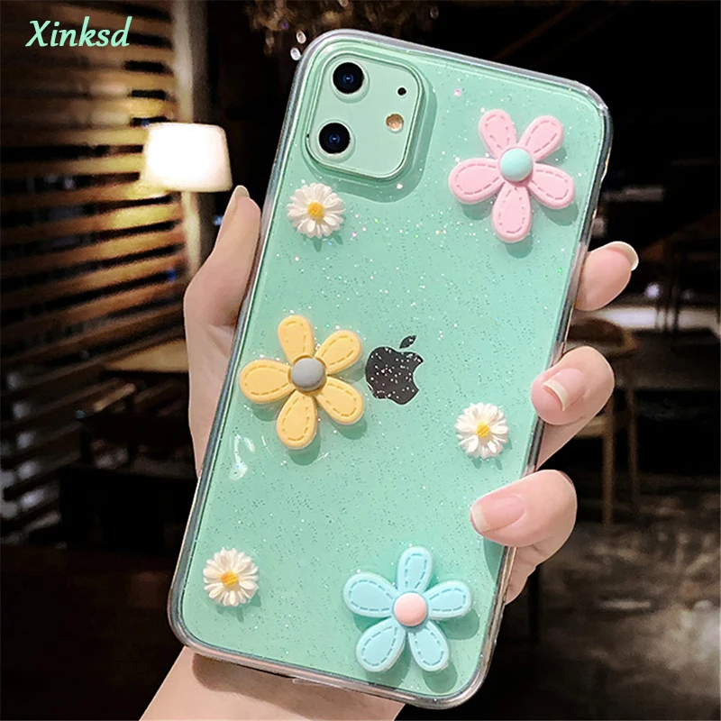 Чехол для телефона с 3D цветами и блестками iPhone 11 Pro 7 8 6 6s Plus X XR XS Max SE 2020 прозрачный