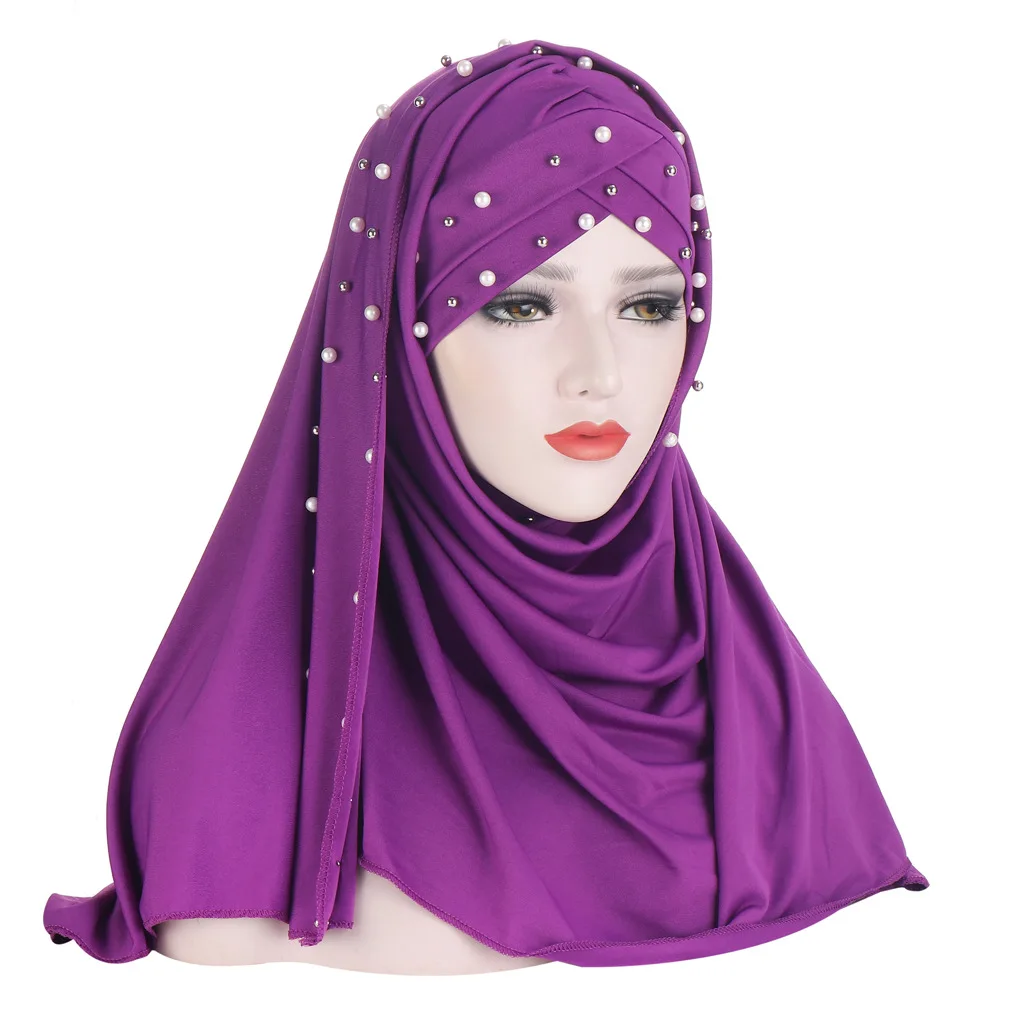 

Milk Silk Double-Layer Hat Head Size Small Beads Scarf Hat Two-Piece Set Ethnic Muslim Ladies Decoration