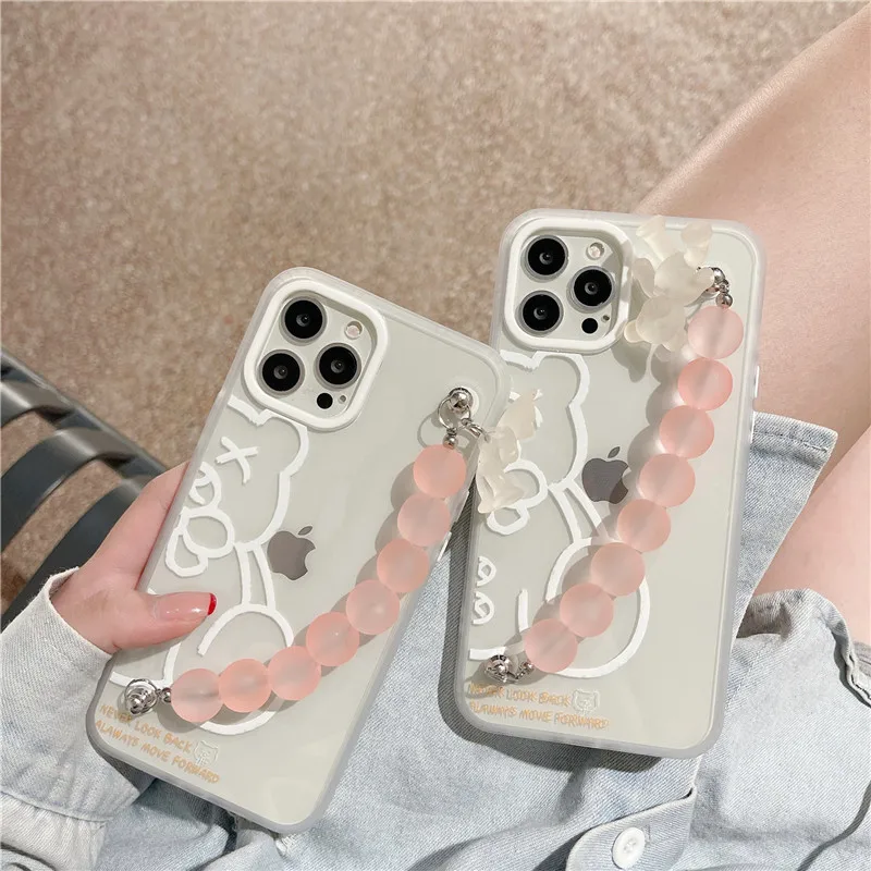 

Square Camera Bear Bracelet Phone Cases For iPhone 12 11 Pro Max X XR XS Max 7 8 Plus SE 2020 Candy Hand Chain Soft Clear Cover