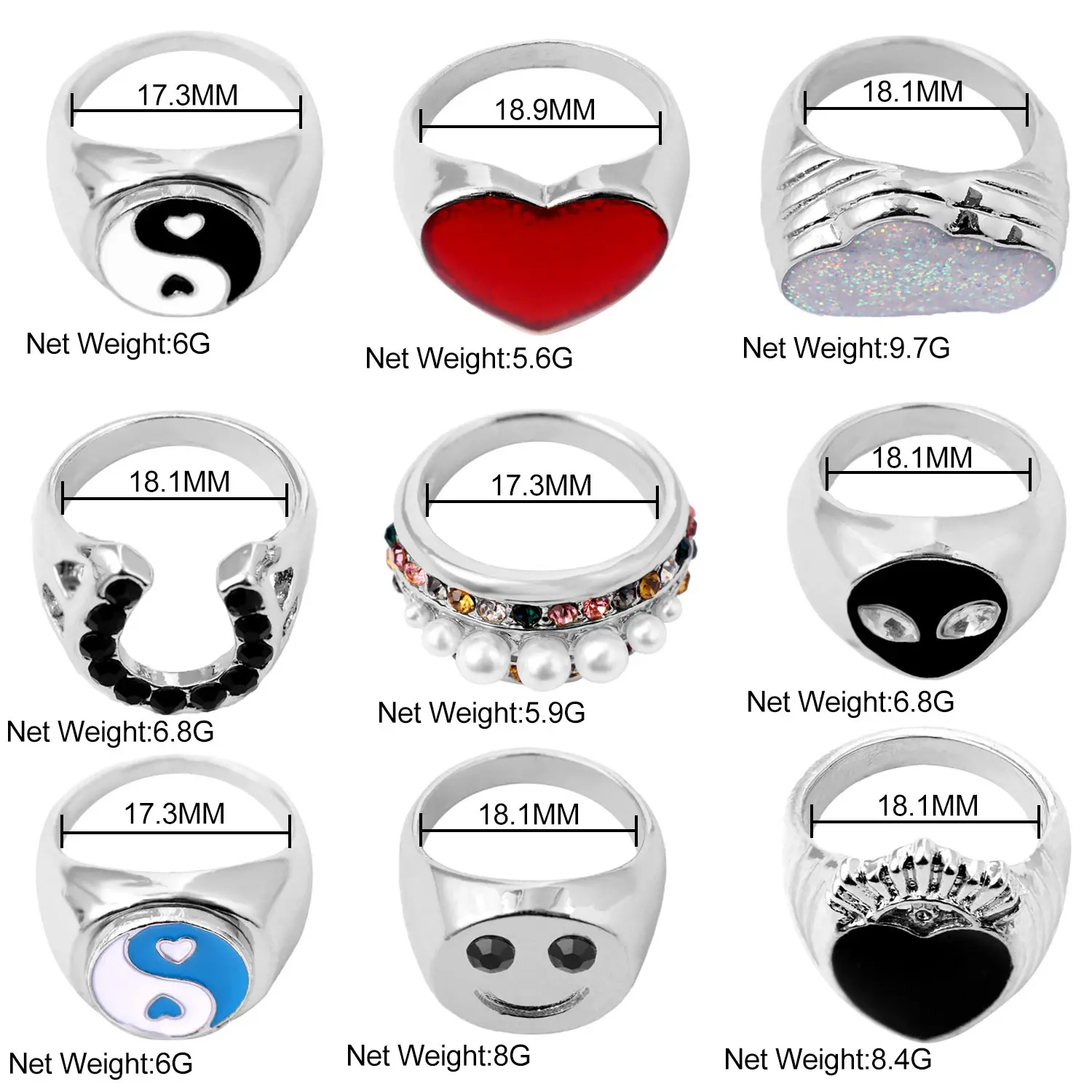 

Punk Silver Color Chunky Metal Geometric Rings For Women Girls Fashion Glazed Enamel Creative Alien Finger Rings Female Jewelry