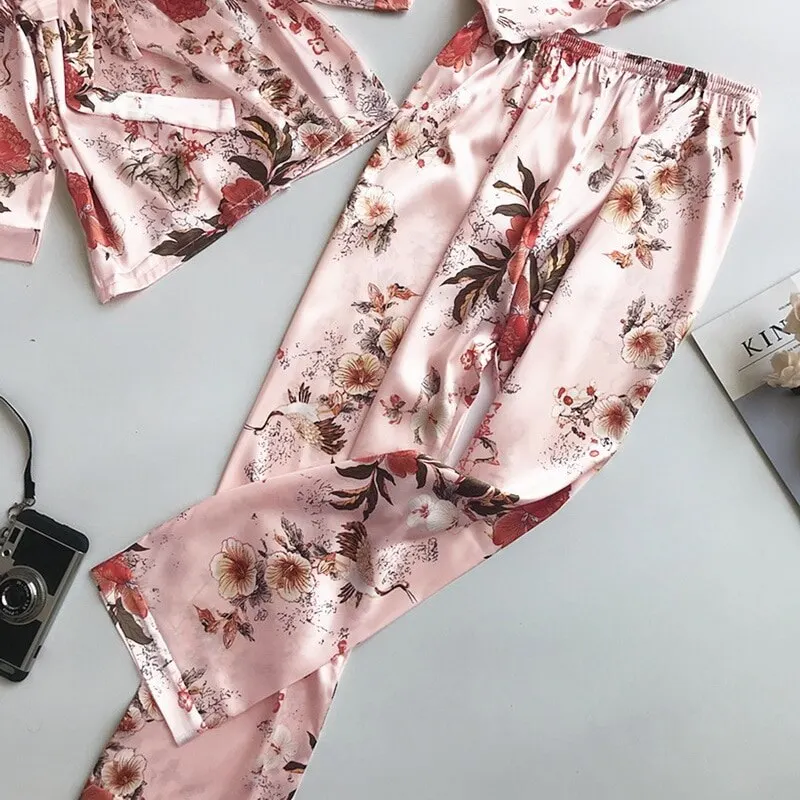 

New Fashion 3PCS Pajamas Set Sexy Flower Print Sleepwear Women Summer Fresh Pajamas For Women Deep V Robe Sleep Lounge