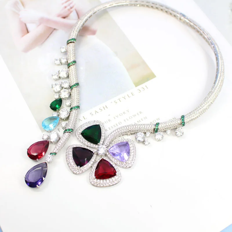 

Hot Brand color stone Feast Party Jewelry For Women Banquet Flower Pendant Crystal Necklace Hyperbole Necklace colar jewelry