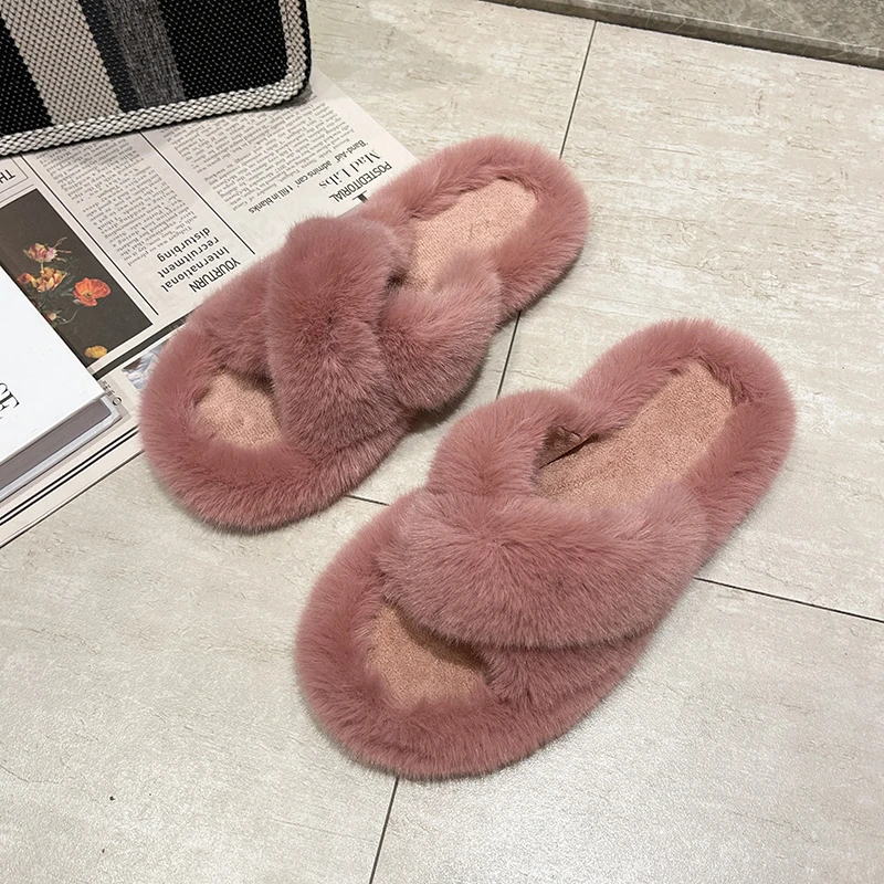 

Faux Fur Winter Women House Slipper Fashion Plush WarmSoft Cotton Shoes Cozy Home Slides Pink Furry Indoor Flat Shoes 2021 New