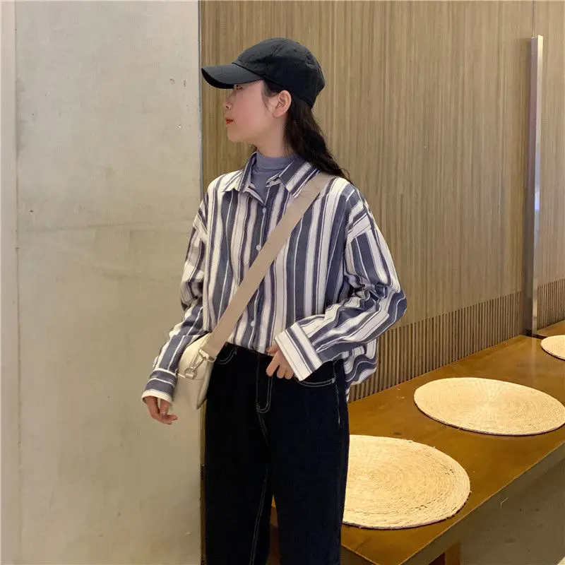 

Shirts Women Preppy Loose Students Korean Style All-match Striped Mujer Spring Casual Long Sleeve Single Breasted Blusas Ladies