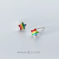 modian rainbow color cute enamel stars stud earrings fashion charm real 925 sterling silver jewelry for women christmas gift