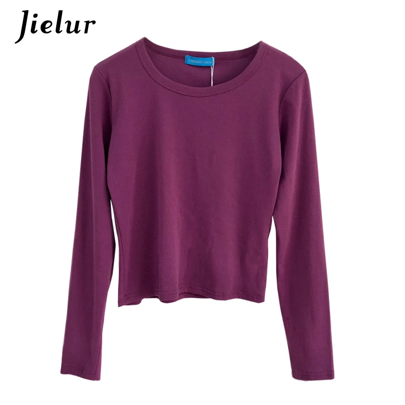 Jielur 6 Solid Color Harajuku Long Sleeve Crop Top Autumn Winter Slim Basic Tshirt Women All-match Purple Korean T Shirt Femme | Женская