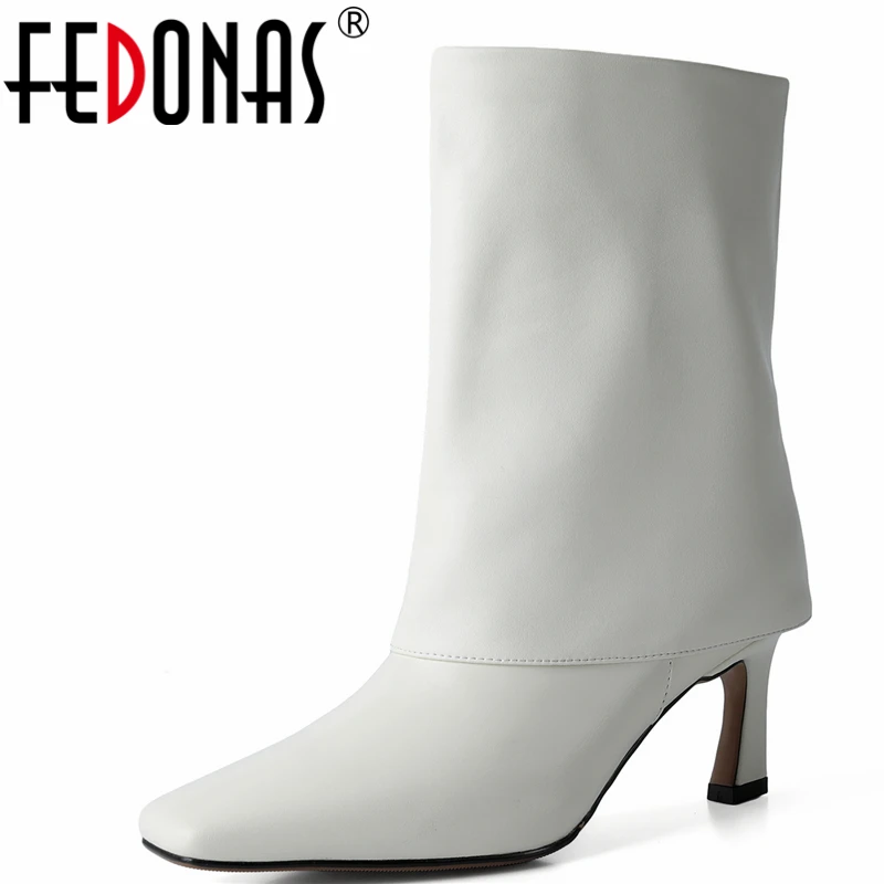

FEDONAS Autumn Winter New Women Mid-Calf Boots Fashion Concise Party Wedding Genuine Leather Shoes Woman Thin Heels Square Toe