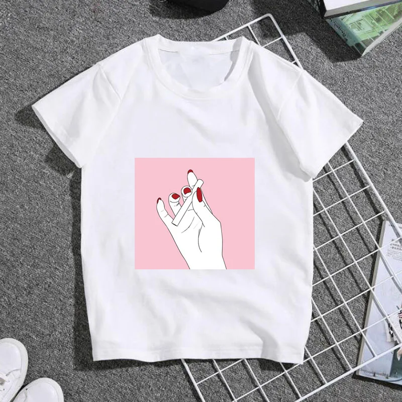

ZSIIBOFashion Kawaii розовый корейский женский жест с коротким рукавом большие дети Харадзюку эстетичная печать хлопковая рубашка с круглым вырезом
