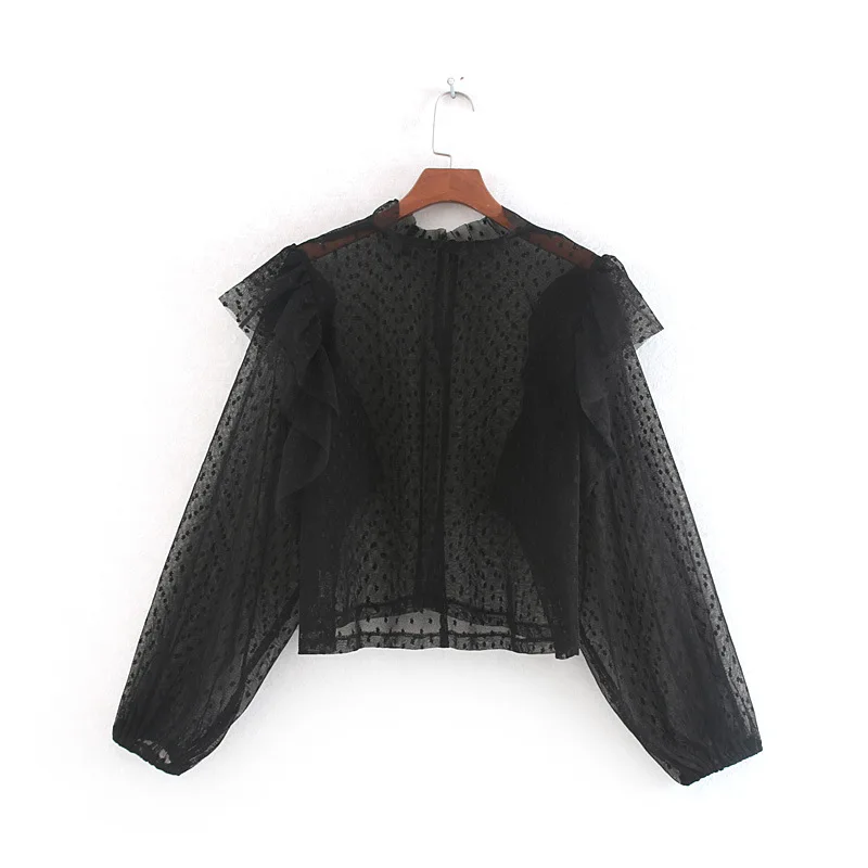 Женская черная блузка с оборками и коротким рукавом женские повседневные