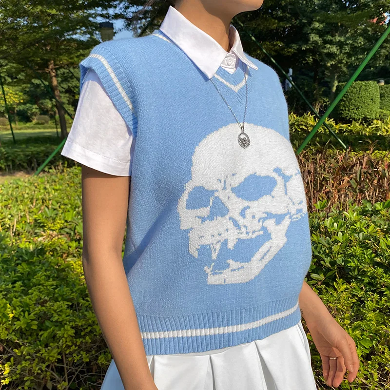 

Hip Hop Women Knit Vest Fashion Fall V-Neck Loose Long Skulls Patchwork Printing Pullovers Vest Women Sleeveless Knit Waistcoat