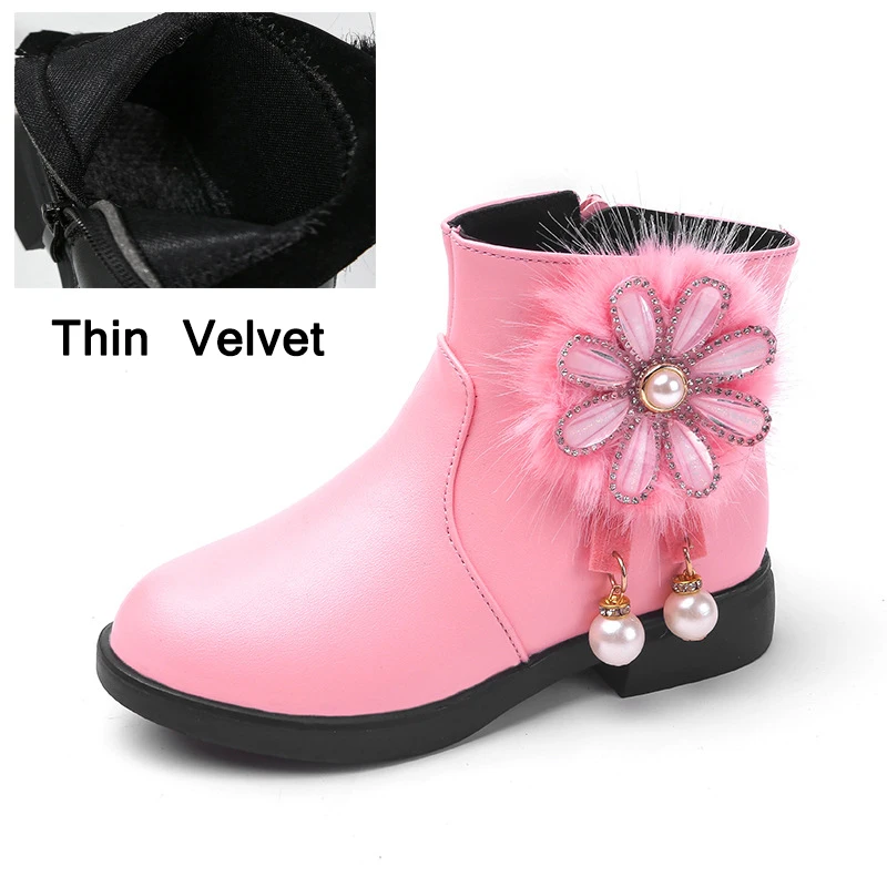 Thin velvet Pink Новинка года; детская обувь; сапоги Martin для девочек; сезон осень-зима; кожаная обувь со стразами и цветком для девочек; бархатные теплые детские сапоги - Цвет: Thin velvet Pink