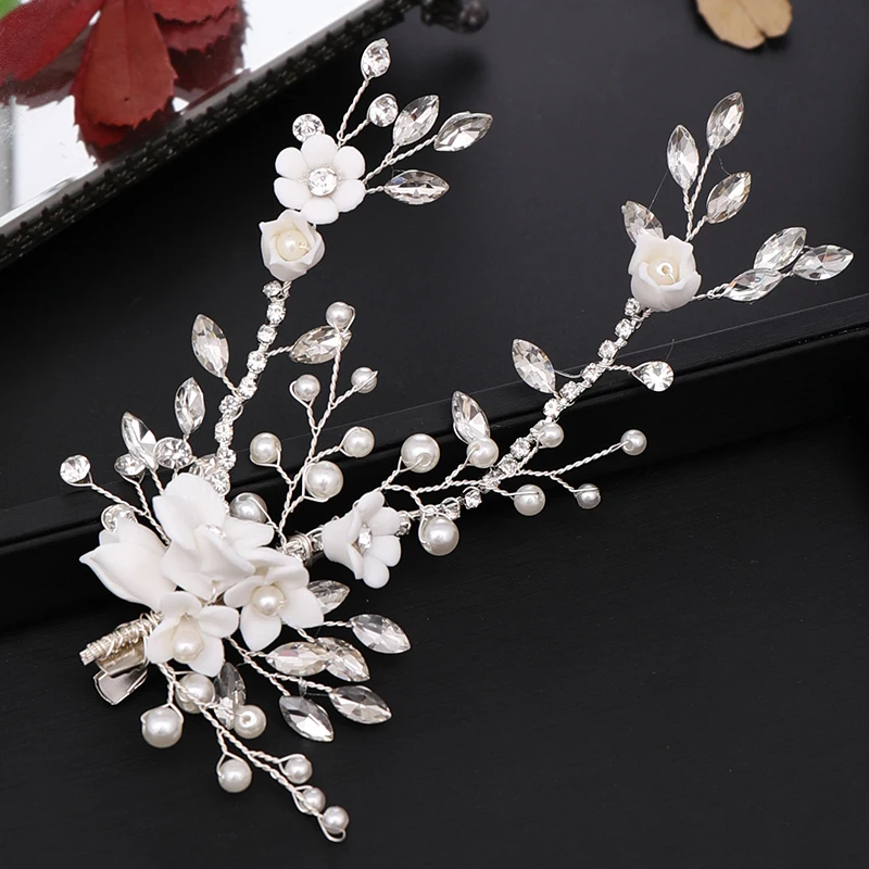 New Silver Color Crystal Barrettes Pearl Rhinestone Flowers Hairgrips For Wedding Bride Women Tiara Hair Clips Accessories | Украшения и