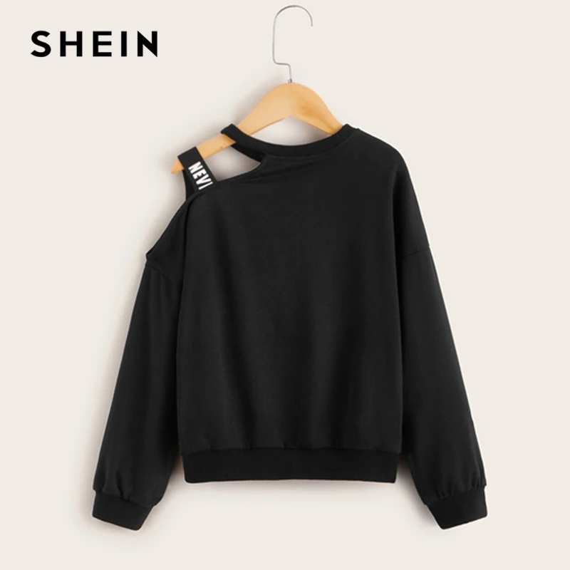 SHEIN Kiddie/черный пуловер на одно плечо с буквенным принтом и ремешком; детские топы; коллекция года; Осенняя детская повседневная толстовка с длинными рукавами