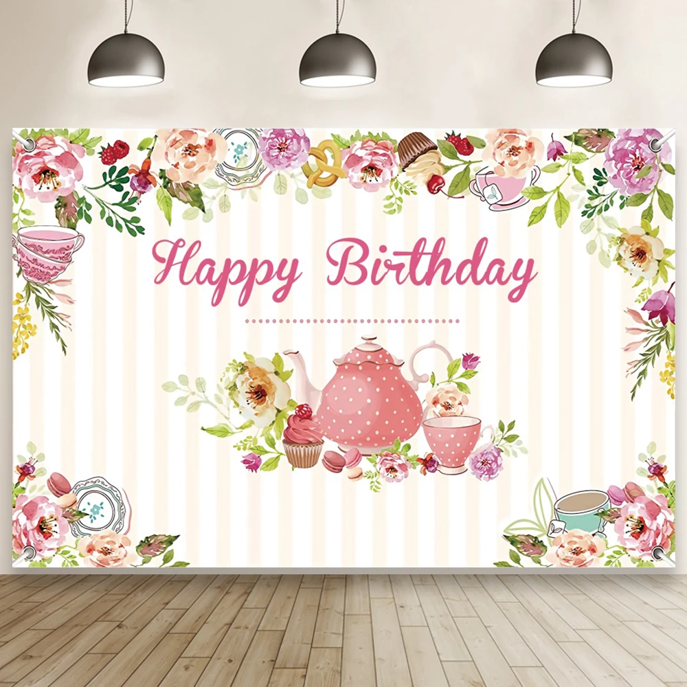 

Pink Painted Tea Set Backgrounds Flower Kids Happy Birthday Baby Shower Studio Photography Backdrop Booth Custom Poster