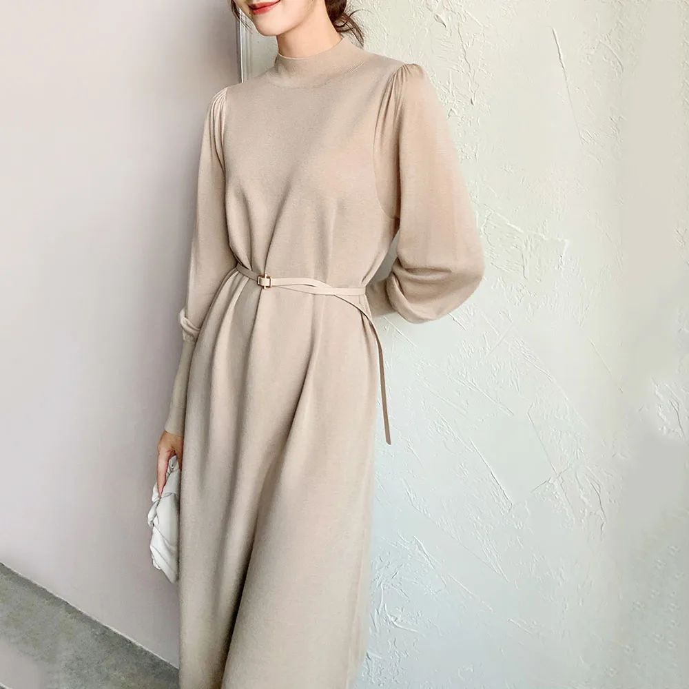 

French Lantern Sleeve Look Thin Wool Knit Dress Female Elegant Solid Color Women Dress