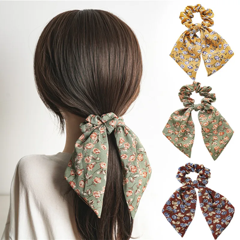 

Korean Rose Print Knot Ribbon Scrunchie For Women Ponytail Holder Hair Tie Girl Fashion Elastic Hair hair accessories