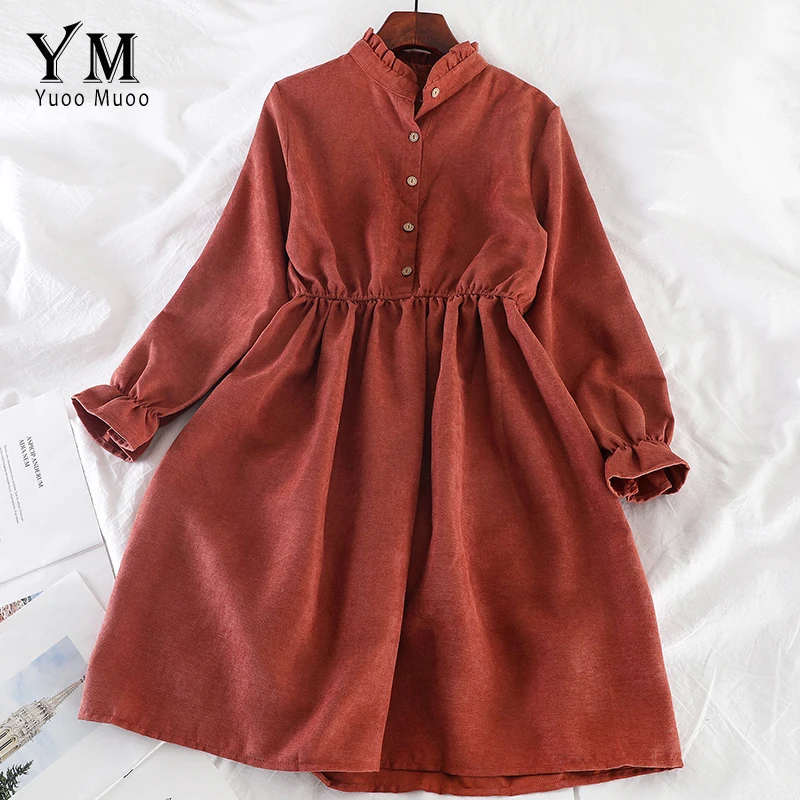 YuooMuoo 2019 модное осеннее винтажное платье рубашка с воротником стойкой и одной
