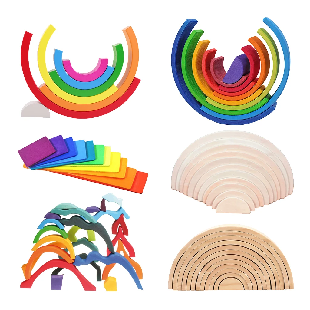 

Wooden Rainbow Stacking Building Blocks Montessori Kids Educational Toys