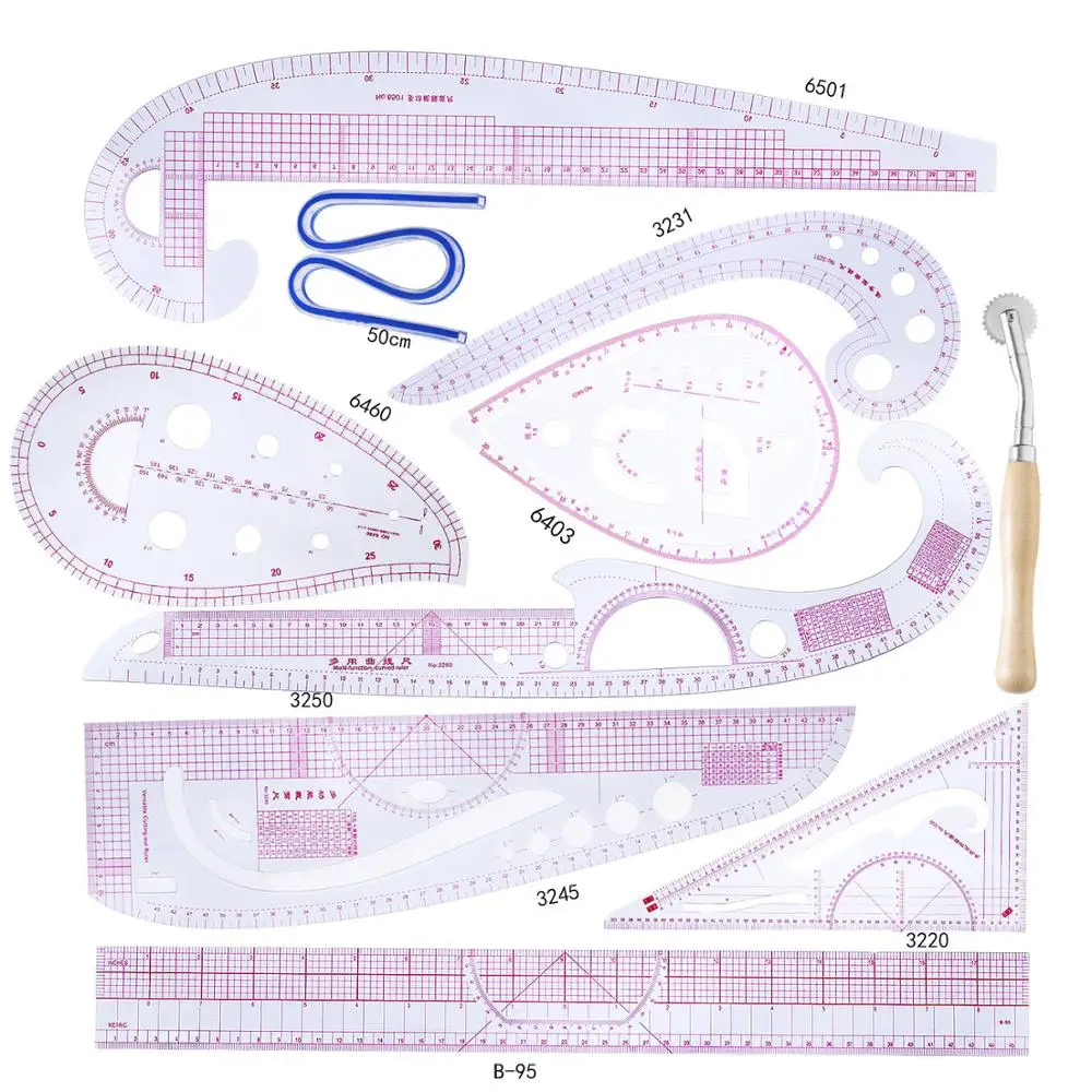 

13Pcs Ruler Tailor Measuring Kit Clear Sewing Drawing Ruler Yardstick Sleeve Arm French Curve Set Cutting Ruler Paddle Wheel