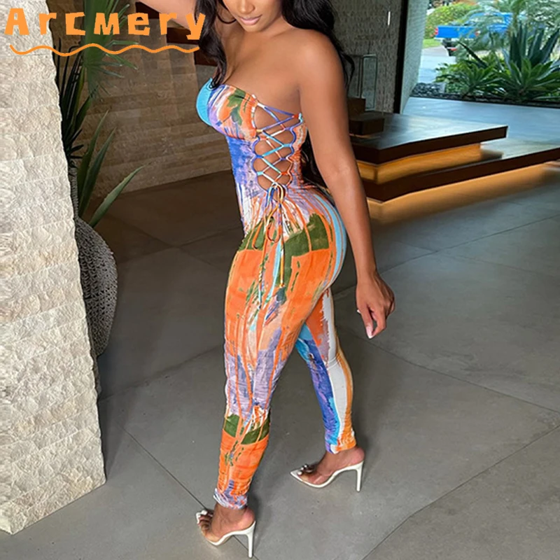 

Women Strapless Printed Bodycon Lace Up Skinny Jumpsuits