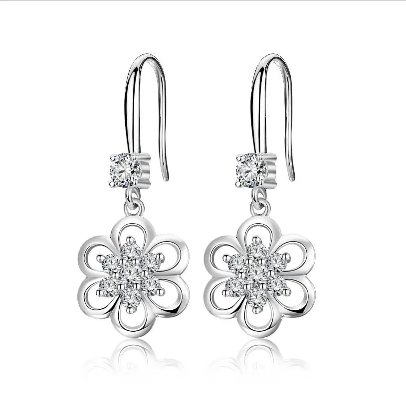 

Trendy Women 925 Sterling Silver Earrings For Women Accessories Fashion Crystal Flower Drop Earring Female Princess Birthday Hot