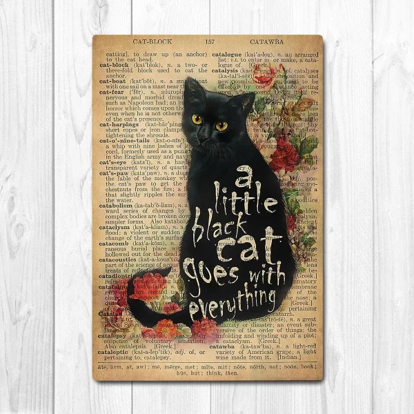 

A little black cat is accompanied by everything. Retro decorative painting, wall card, coffee shop, club parking lot, metal tin