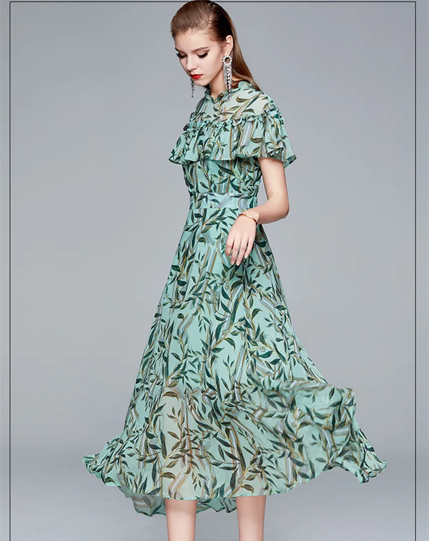 Женское длинное платье с оборками винтажное зеленое из шифона цветочным принтом
