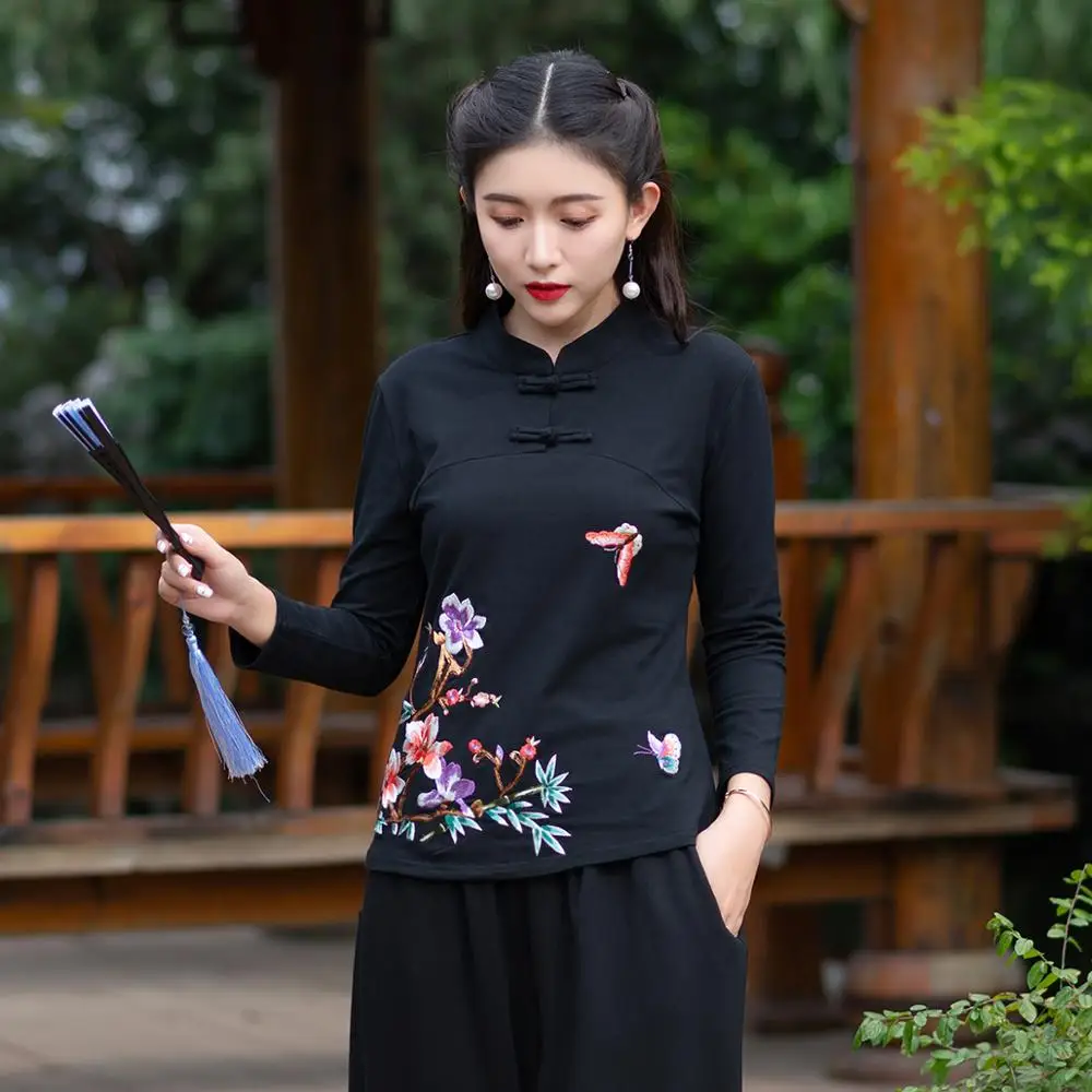 Черный KYQIAO онлайн Китайский магазин blusa feminina традиционная китайская рубашка l XL 2XL 3XL 4XL 5XL 6XL воротник стойка Вышивка Блузка - Цвет: Черный