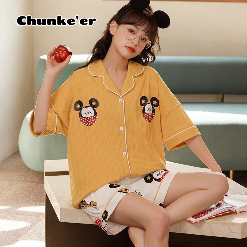 

Summer Pajamas Women's Short Sleeved Shorts Lapel Cardigan Korean Casual Sweet Home Clothes Suit Women's Lovely Cartoon