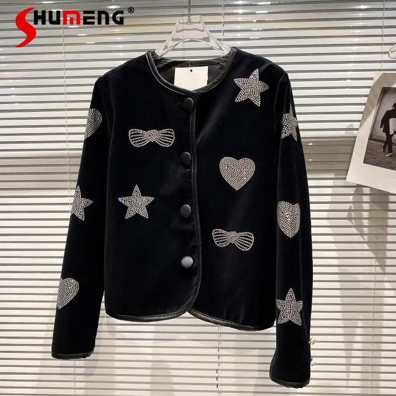 

Fashion Diamond Fastener Decoration Slimming Jacket for Ladies 2021 Autumn New Round Neck Velvet Long Sleeve Short Coat Women