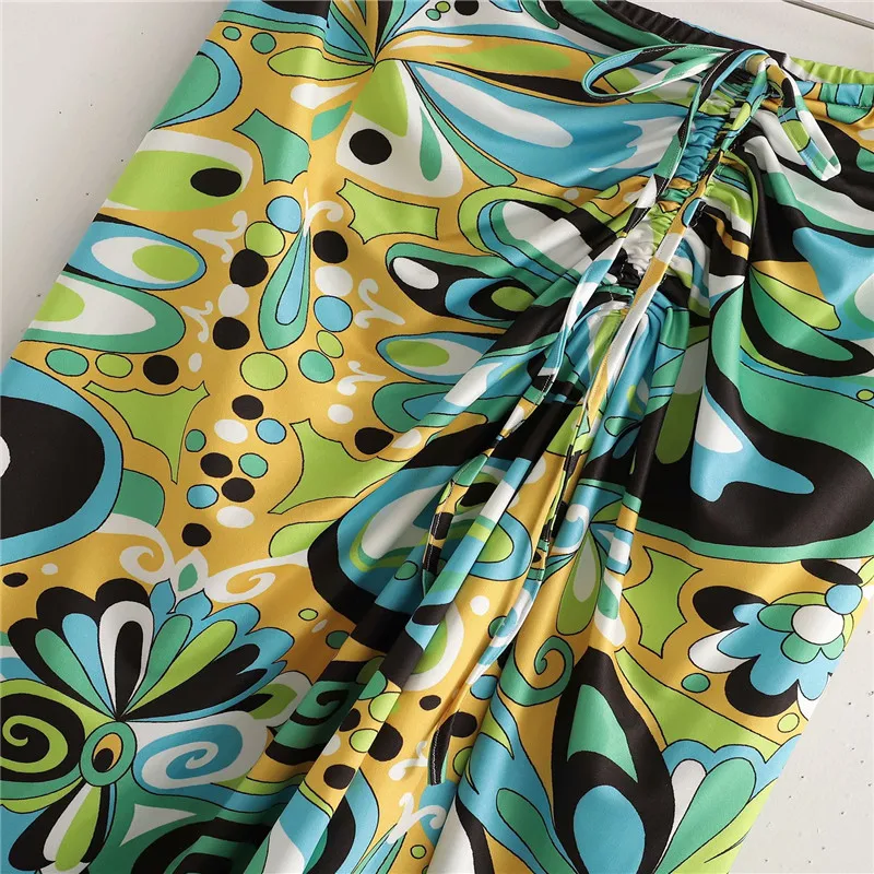 

Za 2021 Draped Floral Print High Waist Skirt Women Elastic Waist Drawstring Ruching Skirt Woman Summer Front Slit Green Skirts