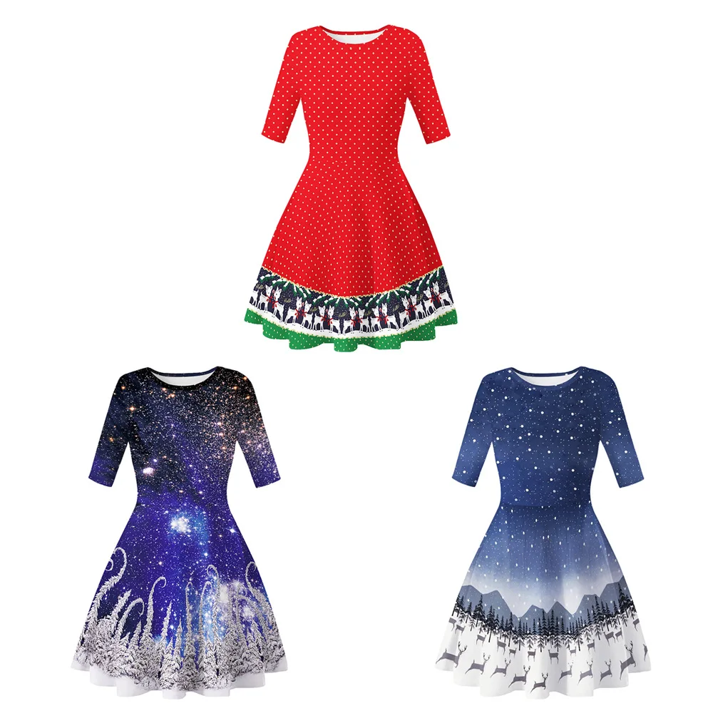 Miduo/рождественское платье для женщин с коротким рукавом и круглым вырезом Зимние