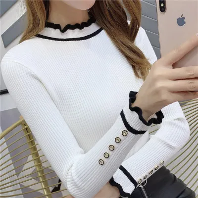 OHCLOTHING5344-женские свитера 2019New Женский пуловер высокая эластичность falbala вязаный кружевной воротник подходит ко всему джемпер - Цвет: white